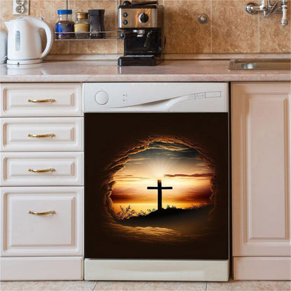 Good Friday Cross Golden Sunset Sky Dishwasher Cover, Religious Dishwasher Stickers, Christian Kitchen Decor