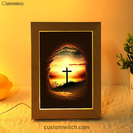 Good Friday Cross Golden Sunset Sky Frame Lamp Prints - Religious Frame Lamp Art - Christian Decor