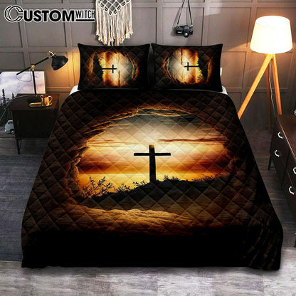 Good Friday Cross Golden Sunset Sky Quilt Bedding Set Prints - Religious Quilt Bedding Set Art - Christian Cover Twin Bedding Decor