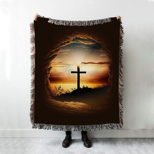 Good Friday Cross Golden Sunset Sky Woven Blanket Prints - Religious Woven Blanket Art - Christian Boho Blanket