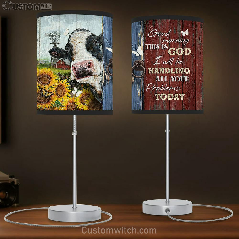 Good Morning This Is God Dairy Cow Sunflower Garden White Butterfly Table Lamb Gift - Bible Verse Table Lamb - Religious Bedroom Decor