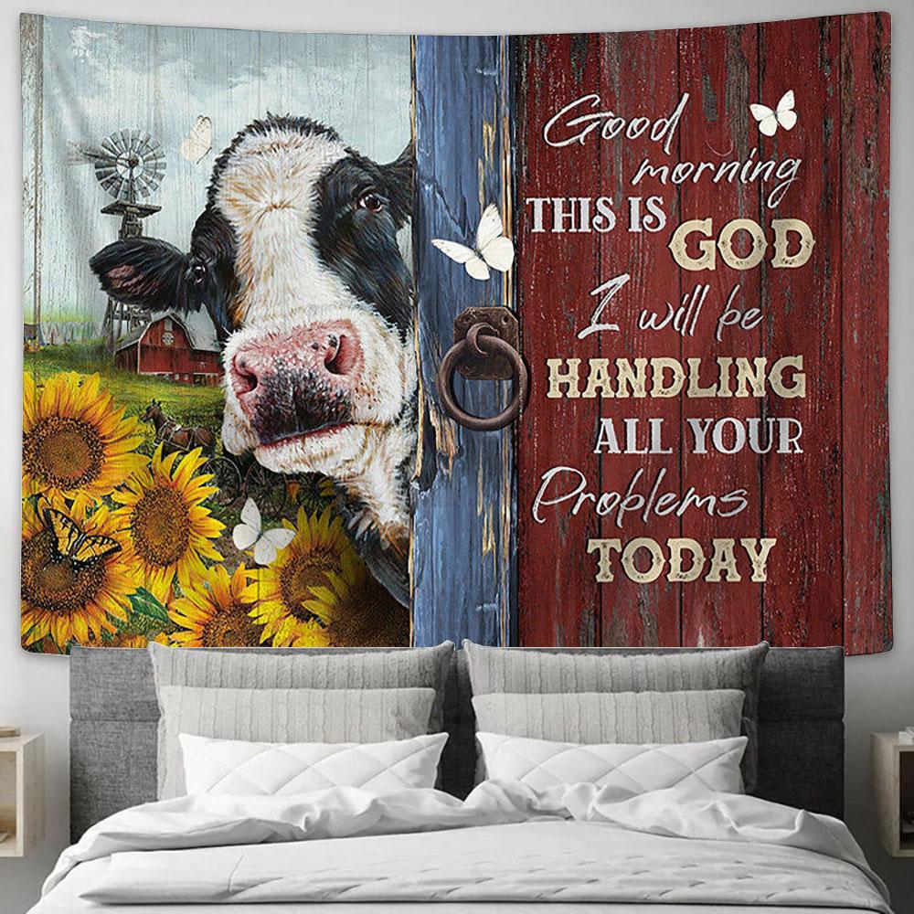 Good Morning This Is God Dairy Cow Sunflower Garden White Butterfly Tapestry Wall Art - Bible Verse Tapestry - Religious Tapestry Wall Hanging