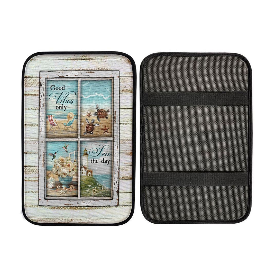 Good Vibes Only Beach Chairs Sea Turtle Car Center Console Cover, Christ Car Armrest Accessories