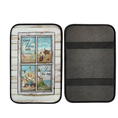 Good Vibes Only Beach Chairs Sea Turtle Car Center Console Cover, Christ Car Armrest Accessories