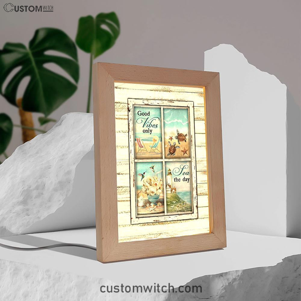 Good Vibes Only Beach Chairs Sea Turtle Frame Lamp Art - Christian Night Light - Bible Verse Wooden Lamp