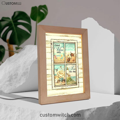Good Vibes Only Beach Chairs Sea Turtle Frame Lamp Art - Christian Night Light - Bible Verse Wooden Lamp