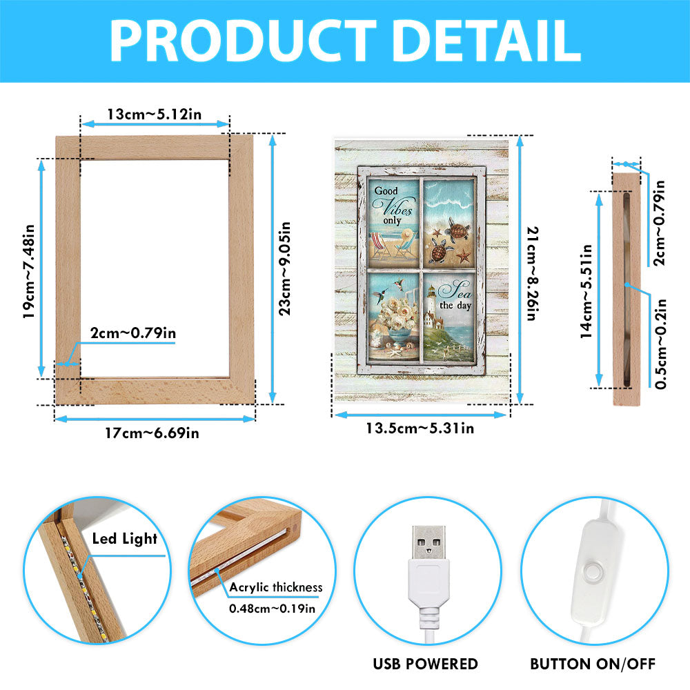 Good Vibes Only Beach Chairs Sea Turtle Frame Lamp Art - Christian Night Light - Bible Verse Wooden Lamp