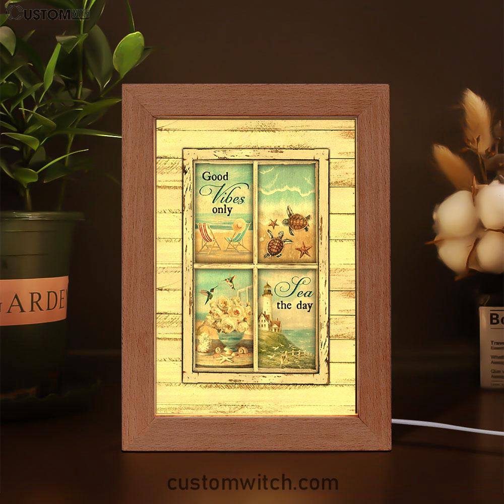 Good Vibes Only Beach Chairs Sea Turtle Frame Lamp Art - Christian Night Light - Bible Verse Wooden Lamp