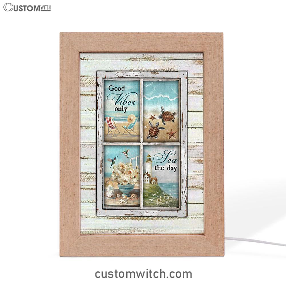 Good Vibes Only Beach Chairs Sea Turtle Frame Lamp Art - Christian Night Light - Bible Verse Wooden Lamp
