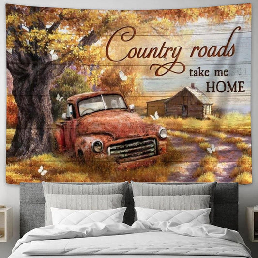 Gorgeous Autumn Season, Old Red Truck, Country Roads Take Me Home Tapestry, Tapestries for Living Room Bedroom