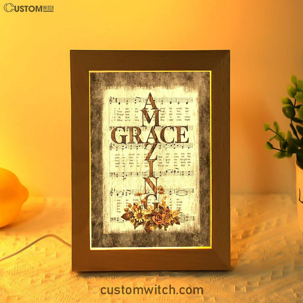 Grace Song Vintage Flower Jesus Cross Frame Lamp Art - Christian Night Light - Bible Verse Wooden Lamp