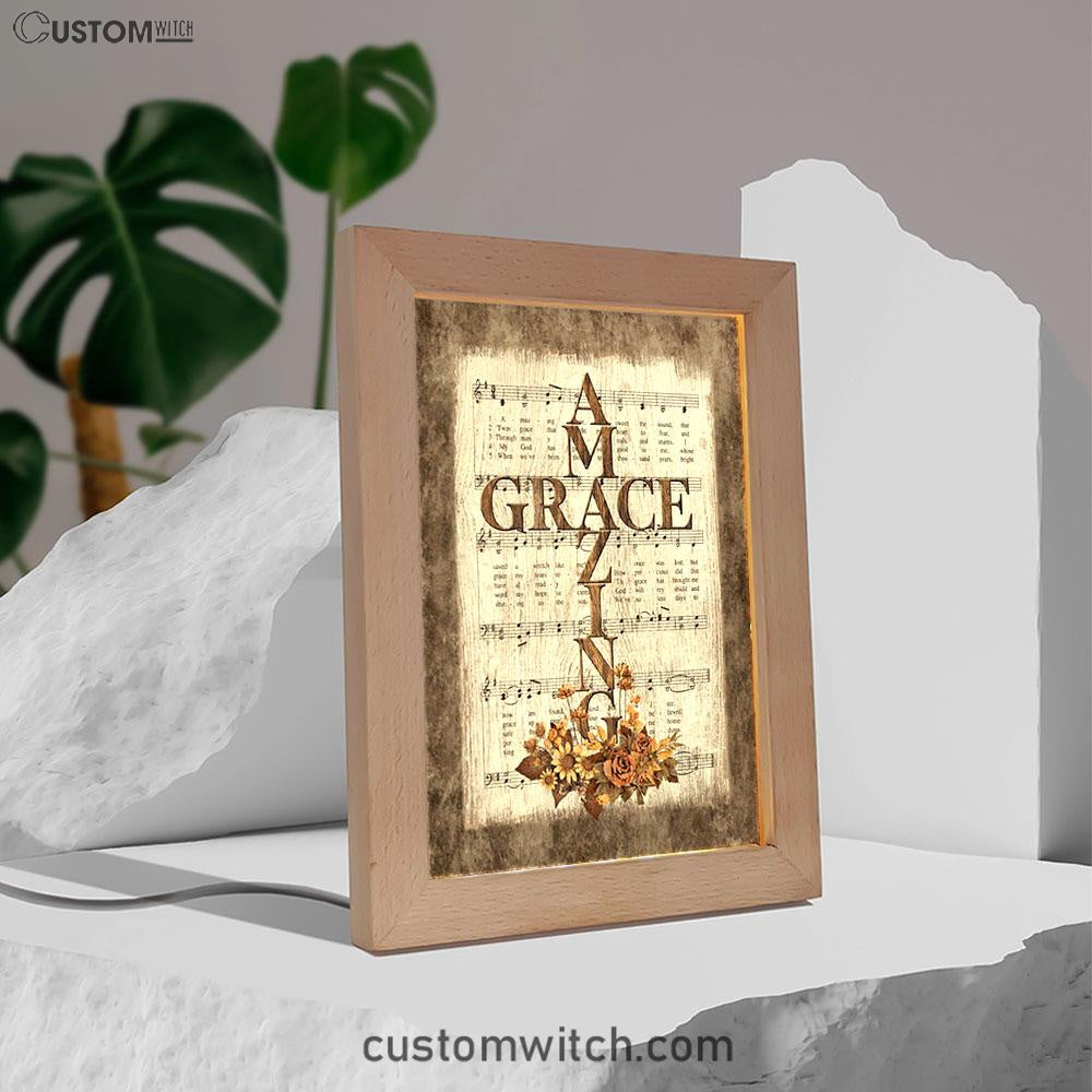 Grace Song Vintage Flower Jesus Cross Frame Lamp Art - Christian Night Light - Bible Verse Wooden Lamp