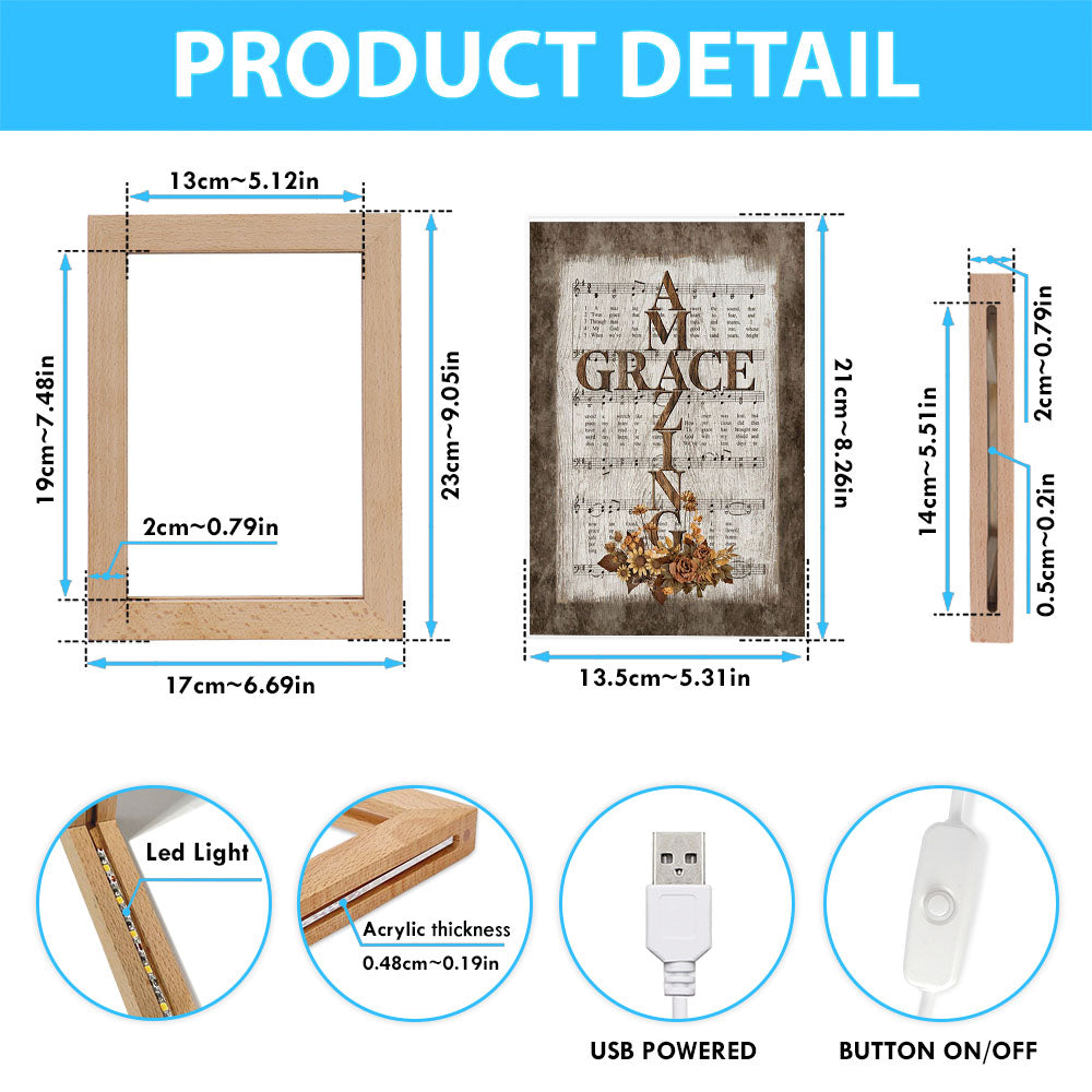 Grace Song Vintage Flower Jesus Cross Frame Lamp Art - Christian Night Light - Bible Verse Wooden Lamp