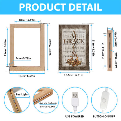 Grace Song Vintage Flower Jesus Cross Frame Lamp Art - Christian Night Light - Bible Verse Wooden Lamp