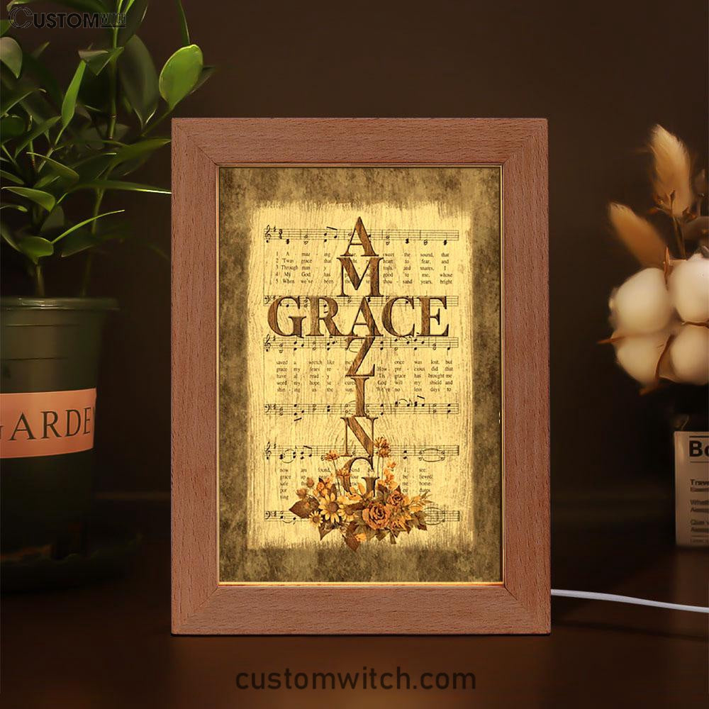 Grace Song Vintage Flower Jesus Cross Frame Lamp Art - Christian Night Light - Bible Verse Wooden Lamp