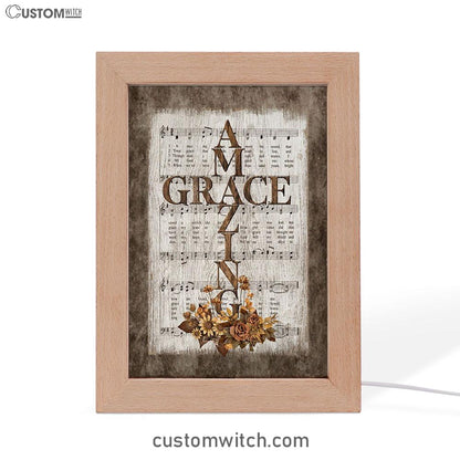 Grace Song Vintage Flower Jesus Cross Frame Lamp Art - Christian Night Light - Bible Verse Wooden Lamp