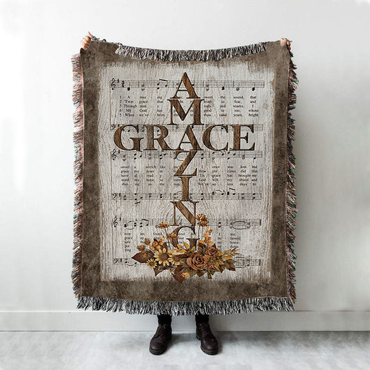 Grace Song Vintage Flower Jesus Cross Woven Throw Blanket - Christian Woven Blanket Prints - Bible Verse Woven Blanket Art