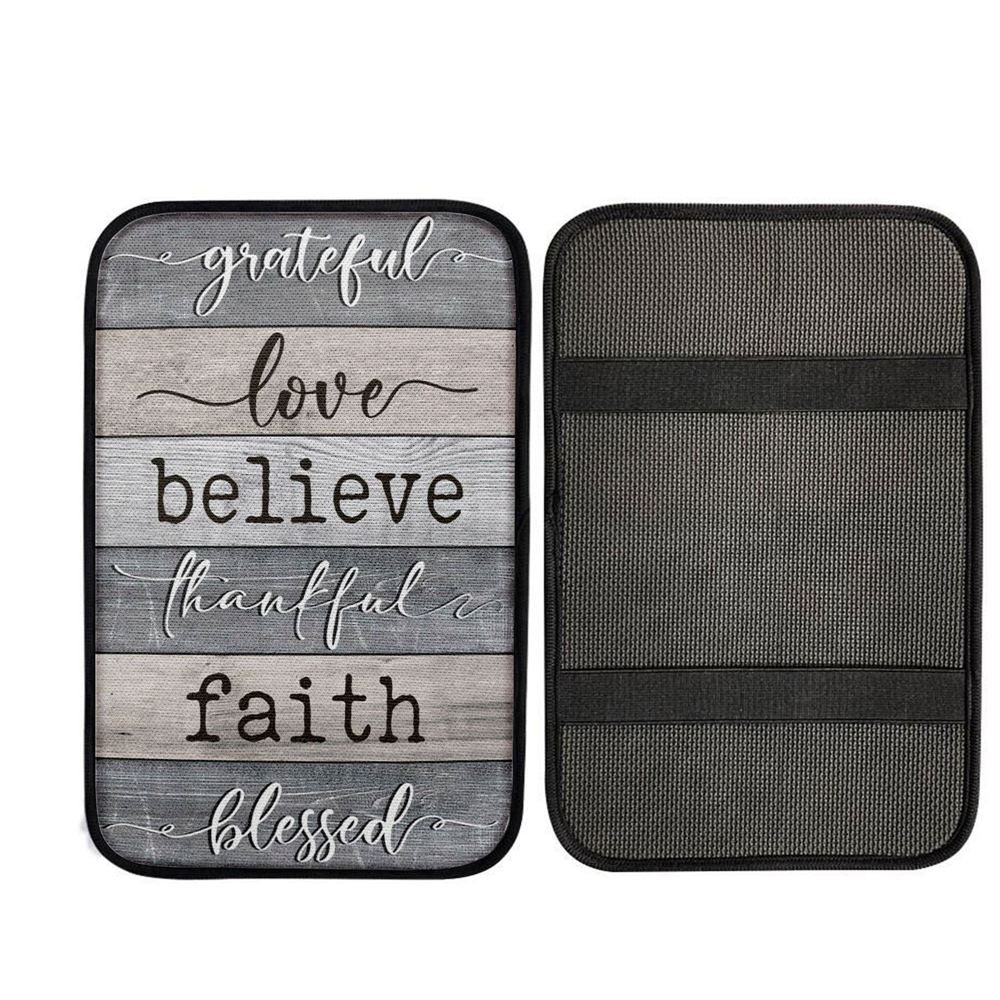 Grateful Love Believe Thankful Faith Blessed Car Center Console Cover, Cross Car Interior Accessories