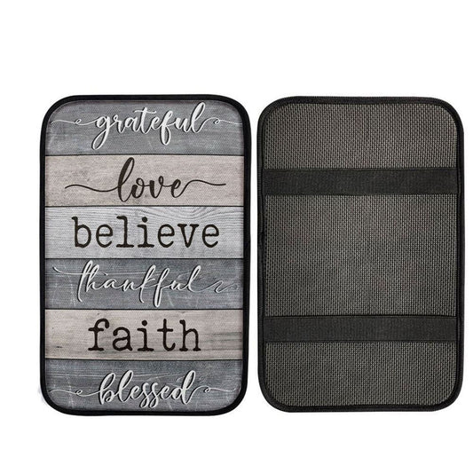 Grateful Love Believe Thankful Faith Blessed Car Center Console Cover, Cross Car Interior Accessories