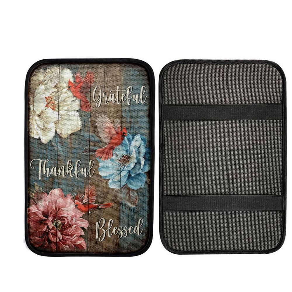 Grateful Thankful Blessed Beautiful Camellia Northern Cardinal Car Center Console Cover, Christ Car Armrest Accessories