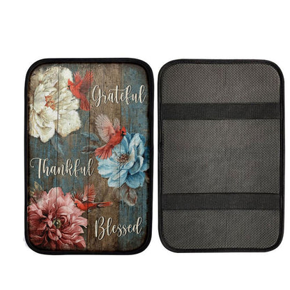 Grateful Thankful Blessed Beautiful Camellia Northern Cardinal Car Center Console Cover, Christ Car Armrest Accessories