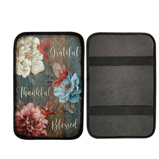 Grateful Thankful Blessed Beautiful Camellia Northern Cardinal Car Center Console Cover, Christ Car Armrest Accessories