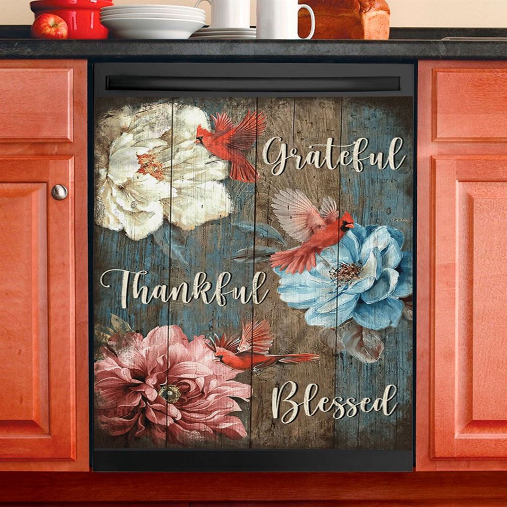 Grateful Thankful Blessed Beautiful Camellia Northern Cardinal Dishwasher Cover, Christian Dishwasher Stickers, Religious Kitchen Decor