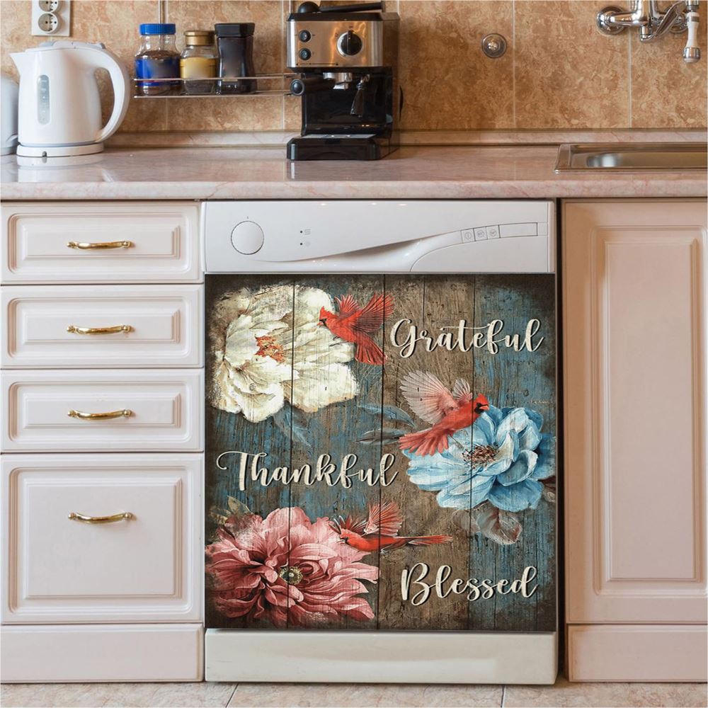 Grateful Thankful Blessed Beautiful Camellia Northern Cardinal Dishwasher Cover, Christian Dishwasher Stickers, Religious Kitchen Decor