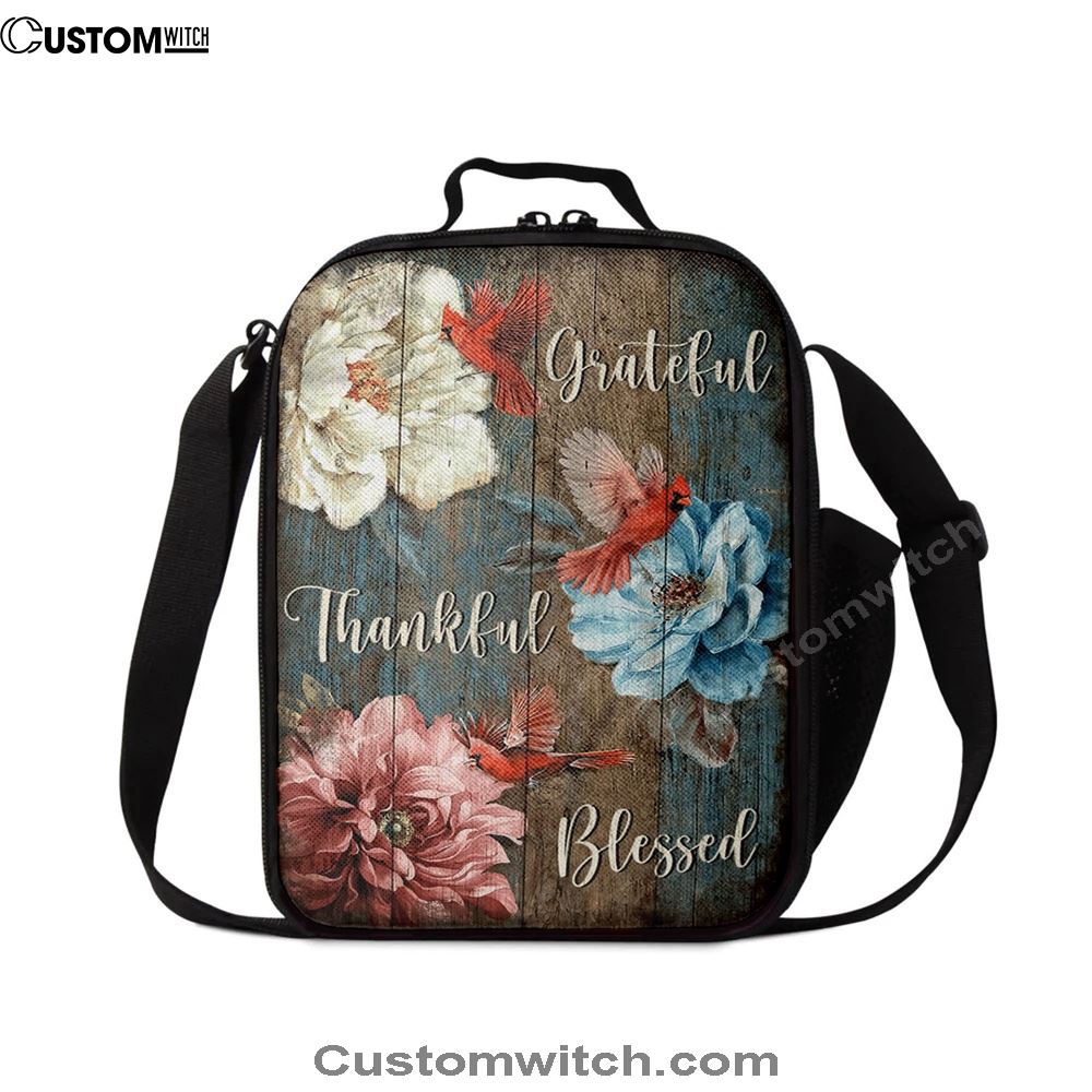 Grateful Thankful Blessed Beautiful Camellia Northern Cardinal Lunch Bag, Christian Lunch Bag, Religious Lunch Box For School, Picnic