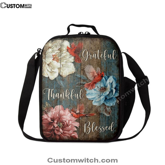 Grateful Thankful Blessed Beautiful Camellia Northern Cardinal Lunch Bag, Christian Lunch Bag, Religious Lunch Box For School, Picnic