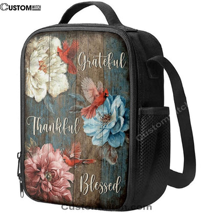 Grateful Thankful Blessed Beautiful Camellia Northern Cardinal Lunch Bag, Christian Lunch Bag, Religious Lunch Box For School, Picnic