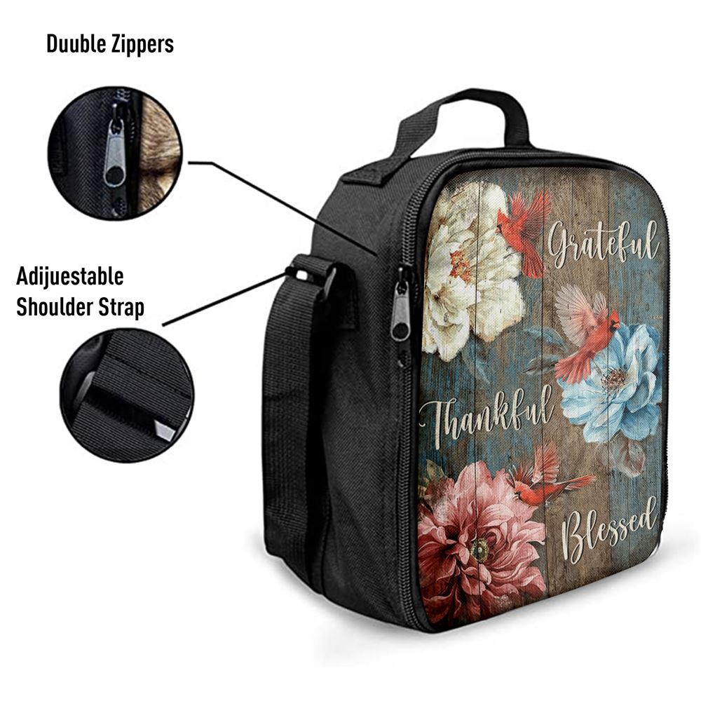 Grateful Thankful Blessed Beautiful Camellia Northern Cardinal Lunch Bag, Christian Lunch Bag, Religious Lunch Box For School, Picnic