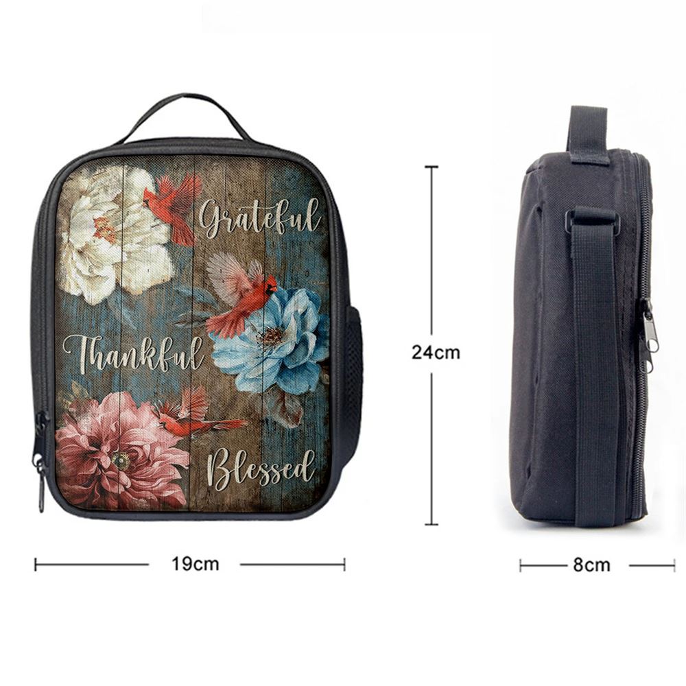 Grateful Thankful Blessed Beautiful Camellia Northern Cardinal Lunch Bag, Christian Lunch Bag, Religious Lunch Box For School, Picnic