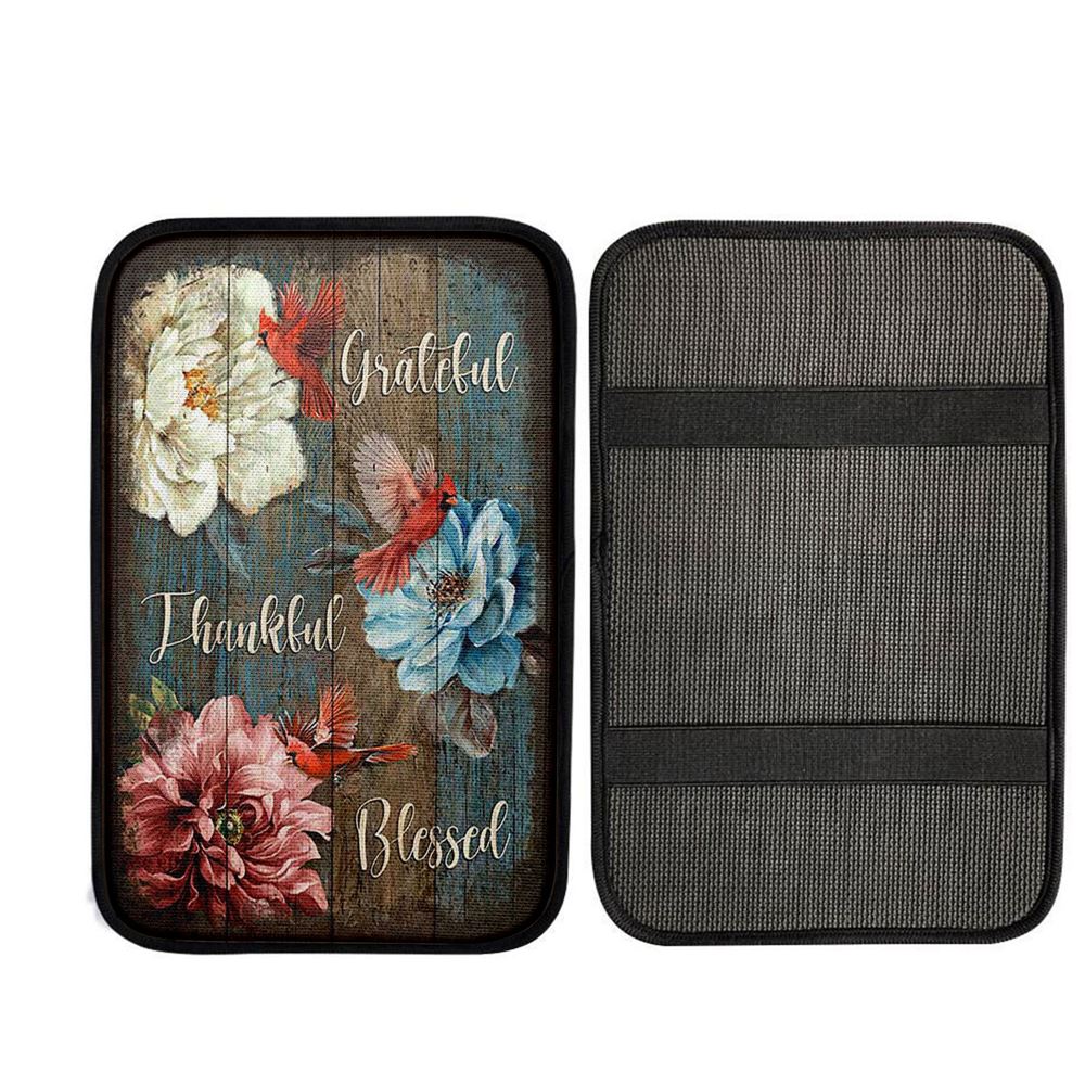 Grateful Thankful Blessed Camellia Northern Cardinal Car Center Console Cover, Religious Car Interior Accessories