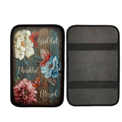 Grateful Thankful Blessed Camellia Northern Cardinal Car Center Console Cover, Religious Car Interior Accessories