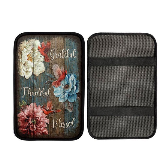 Grateful Thankful Blessed Camellia Northern Cardinal Car Center Console Cover, Religious Car Interior Accessories