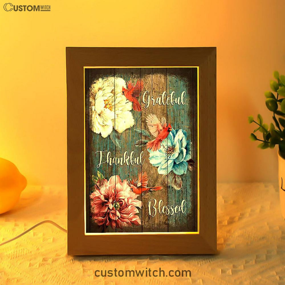 Grateful Thankful Blessed Camellia Northern Cardinal Frame Lamp Art - Christian Night Light - Bible Verse Wooden Lamp