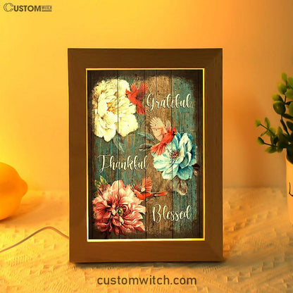 Grateful Thankful Blessed Camellia Northern Cardinal Frame Lamp Art - Christian Night Light - Bible Verse Wooden Lamp