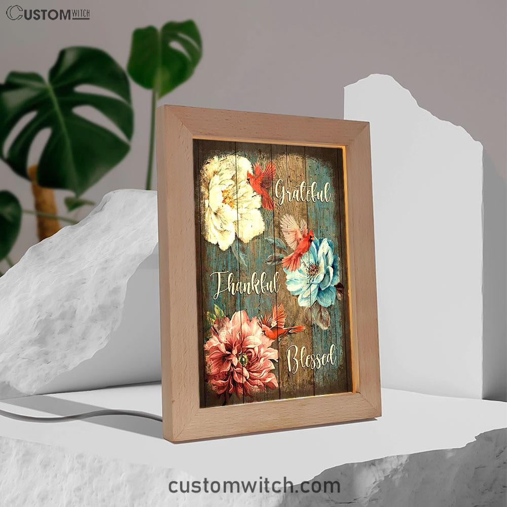 Grateful Thankful Blessed Camellia Northern Cardinal Frame Lamp Art - Christian Night Light - Bible Verse Wooden Lamp