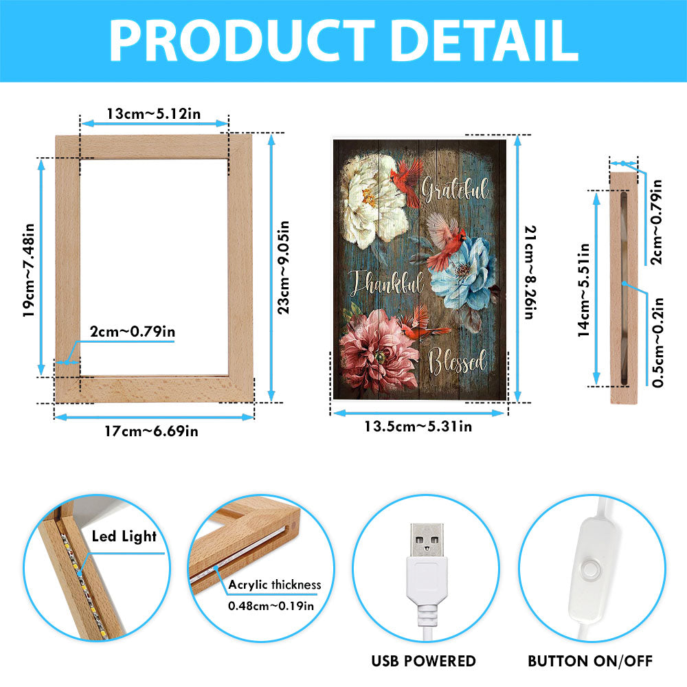 Grateful Thankful Blessed Camellia Northern Cardinal Frame Lamp Art - Christian Night Light - Bible Verse Wooden Lamp