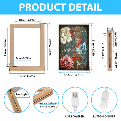 Grateful Thankful Blessed Camellia Northern Cardinal Frame Lamp Art - Christian Night Light - Bible Verse Wooden Lamp