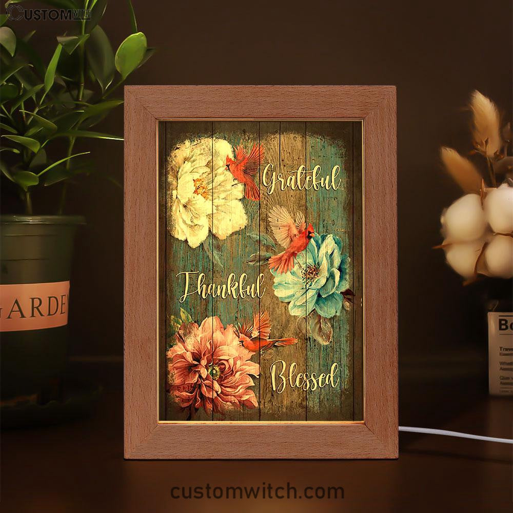 Grateful Thankful Blessed Camellia Northern Cardinal Frame Lamp Art - Christian Night Light - Bible Verse Wooden Lamp