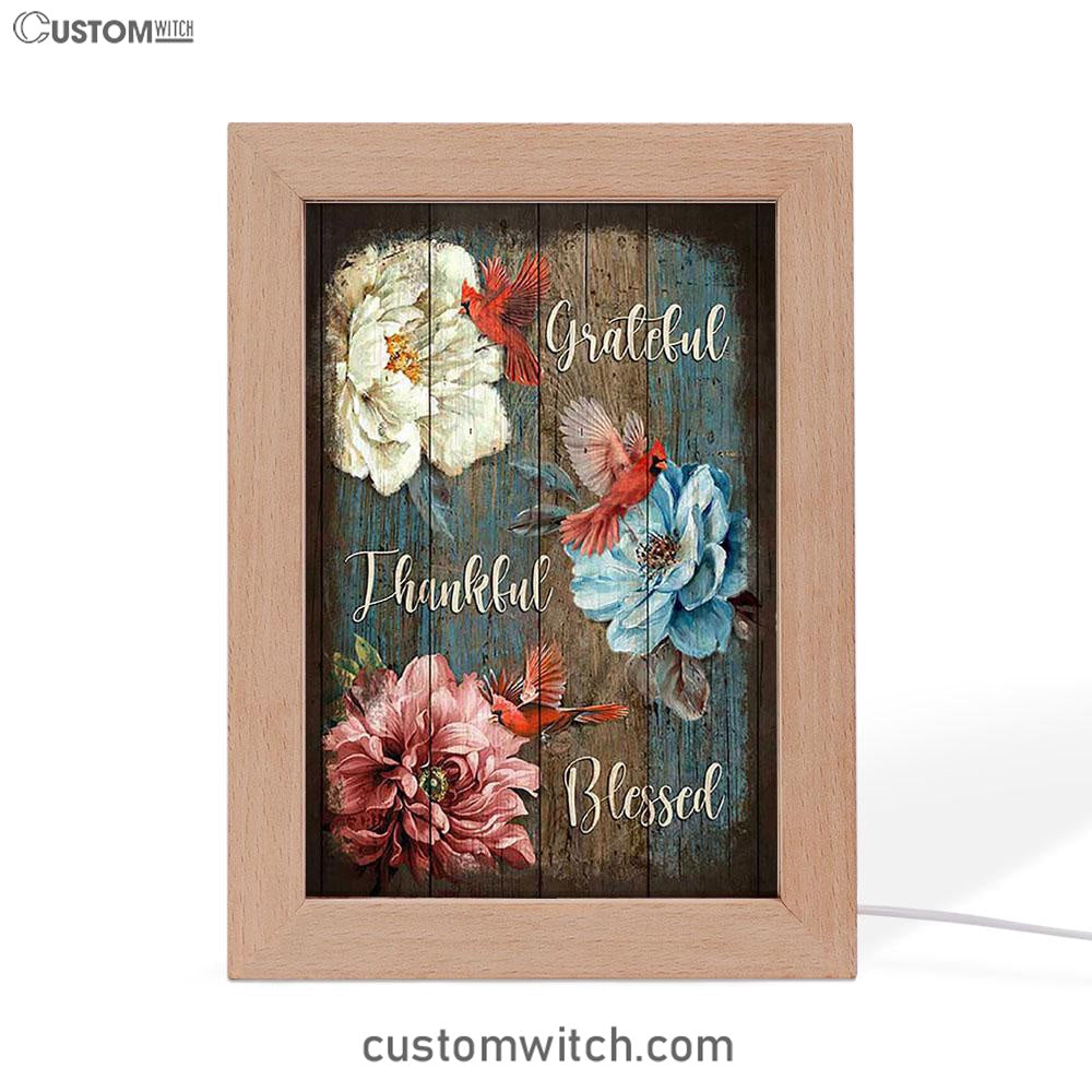 Grateful Thankful Blessed Camellia Northern Cardinal Frame Lamp Art - Christian Night Light - Bible Verse Wooden Lamp