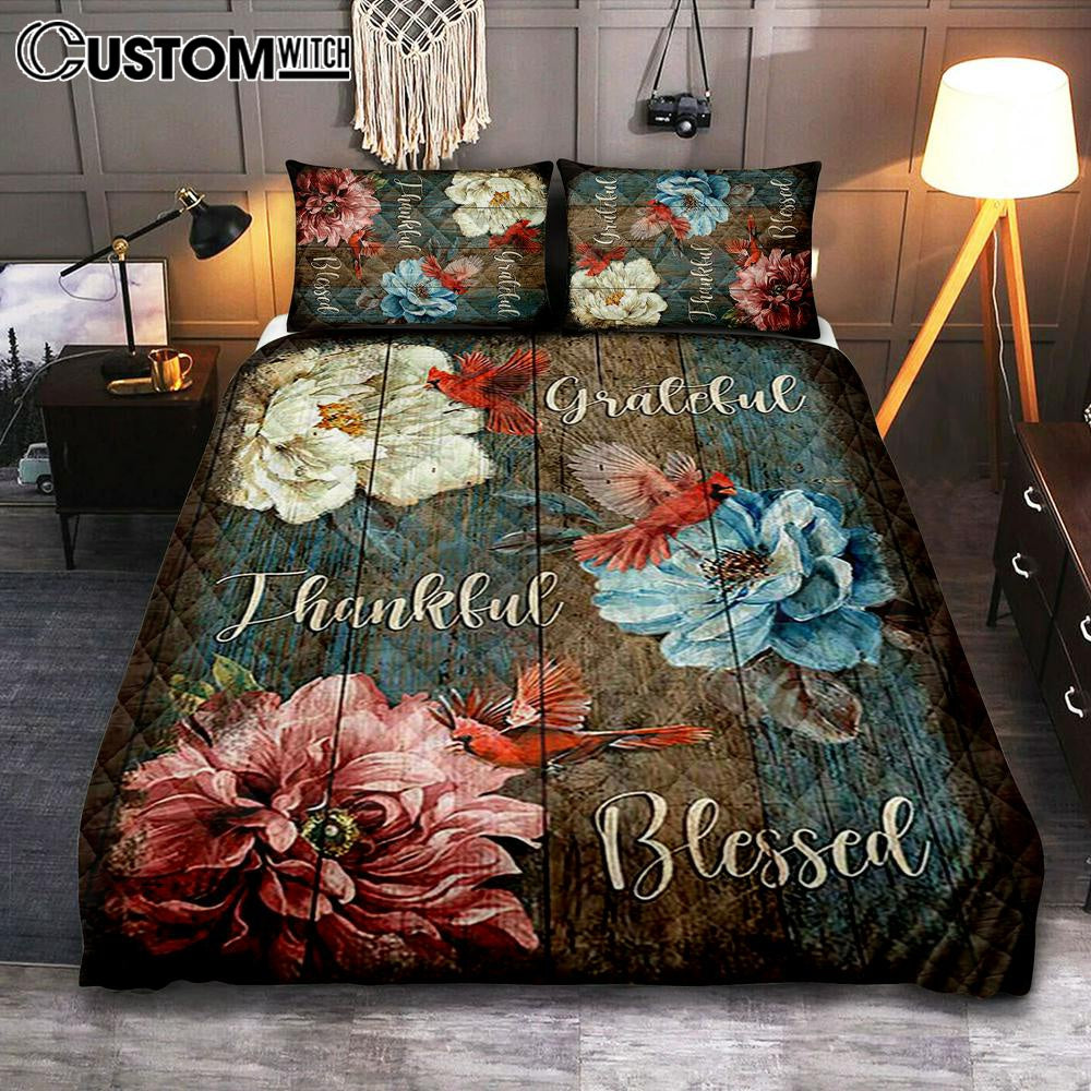 Grateful Thankful Blessed Camellia Northern Cardinal Quilt Bedding Set Bedroom - Christian Quilt Bedding Set Prints - Bible Verse Quilt Bedding Set Art