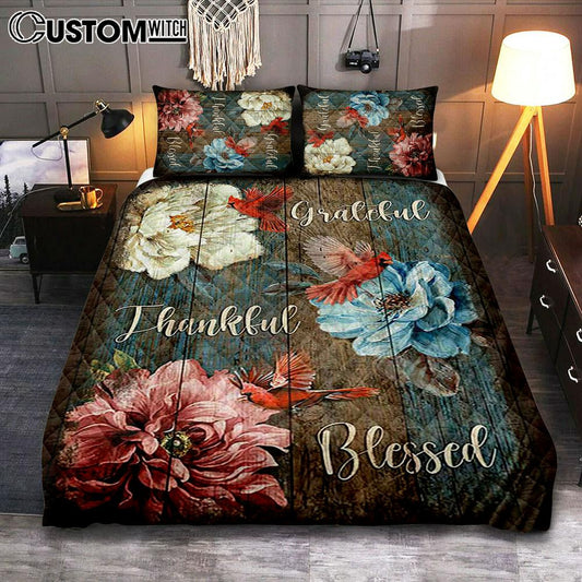 Grateful Thankful Blessed Camellia Northern Cardinal Quilt Bedding Set Bedroom - Christian Quilt Bedding Set Prints - Bible Verse Quilt Bedding Set Art