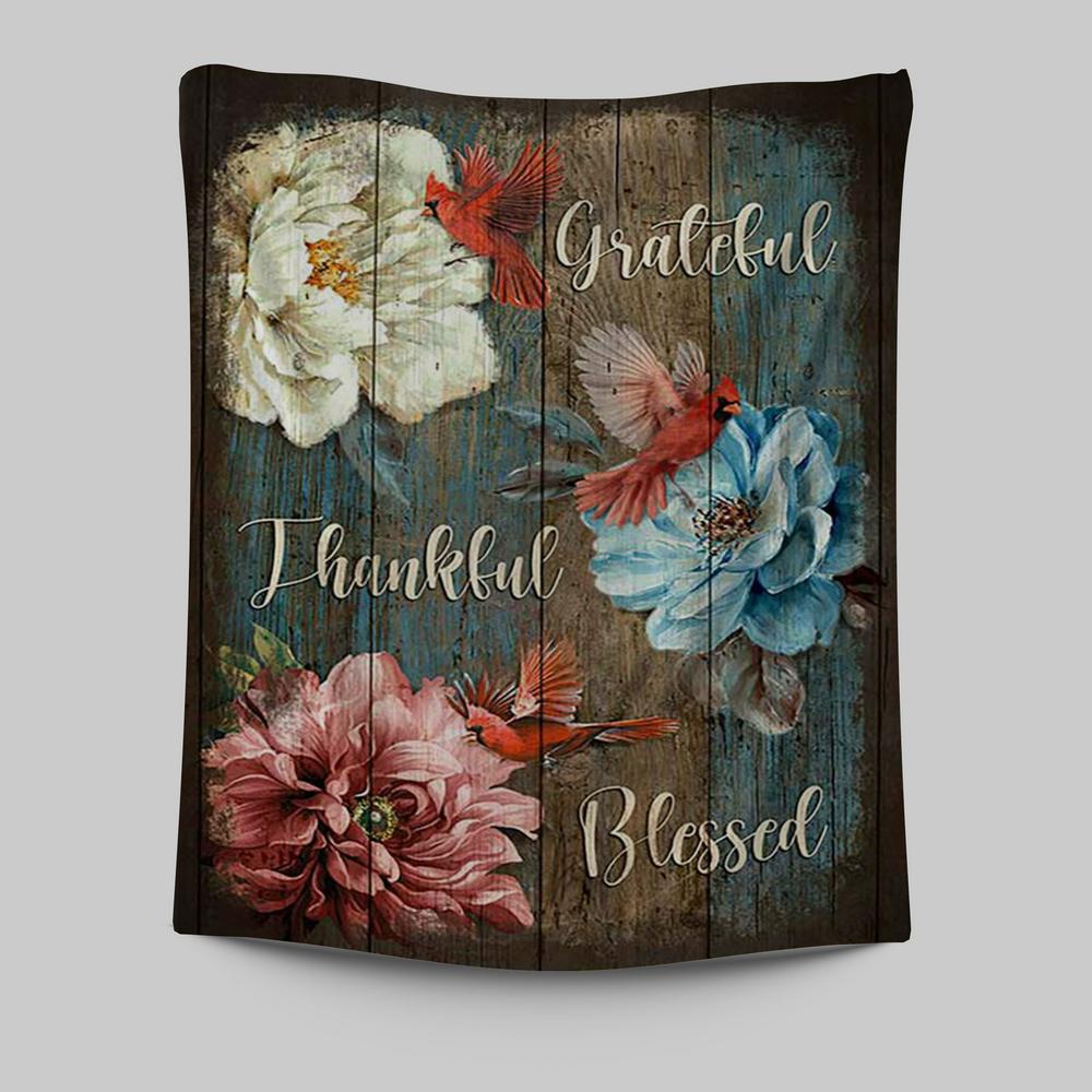 Grateful Thankful Blessed Camellia Northern Cardinal Tapestry Wall Art - Christian Tapestries Prints - Bible Verse Tapestry Art