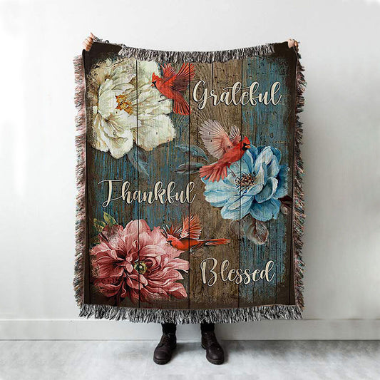 Grateful Thankful Blessed Camellia Northern Cardinal Woven Throw Blanket - Christian Woven Blanket Prints - Bible Verse Woven Blanket Art