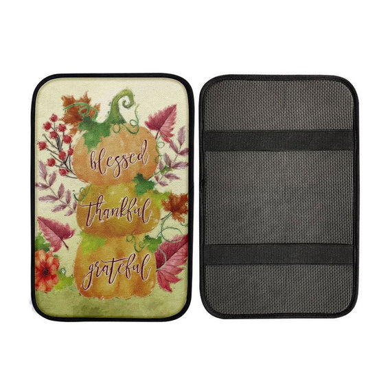 Grateful Thankful Blessed Pumpkin Thanksgiving Christian Car Center Console Cover, Cross Car Interior Accessories