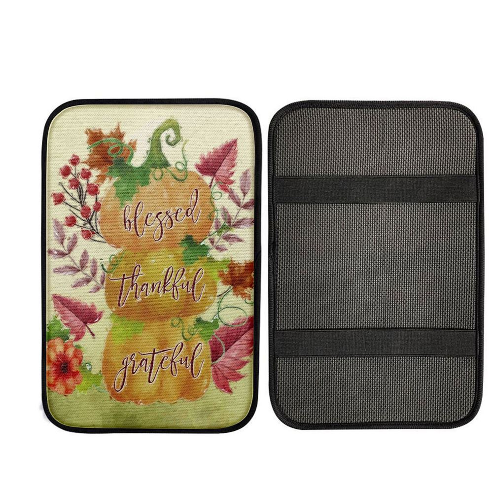Grateful Thankful Blessed Pumpkin Thanksgiving Christian Car Center Console Cover, Religious Car Interior Accessories