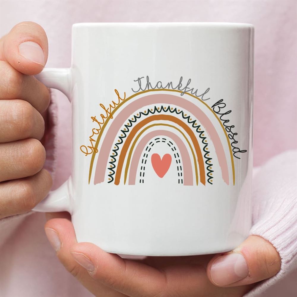 Grateful Thankful Blessed Rainbow Coffee Mug, Christian Mug, Bible Mug, Faith Gift, Encouragement Gift